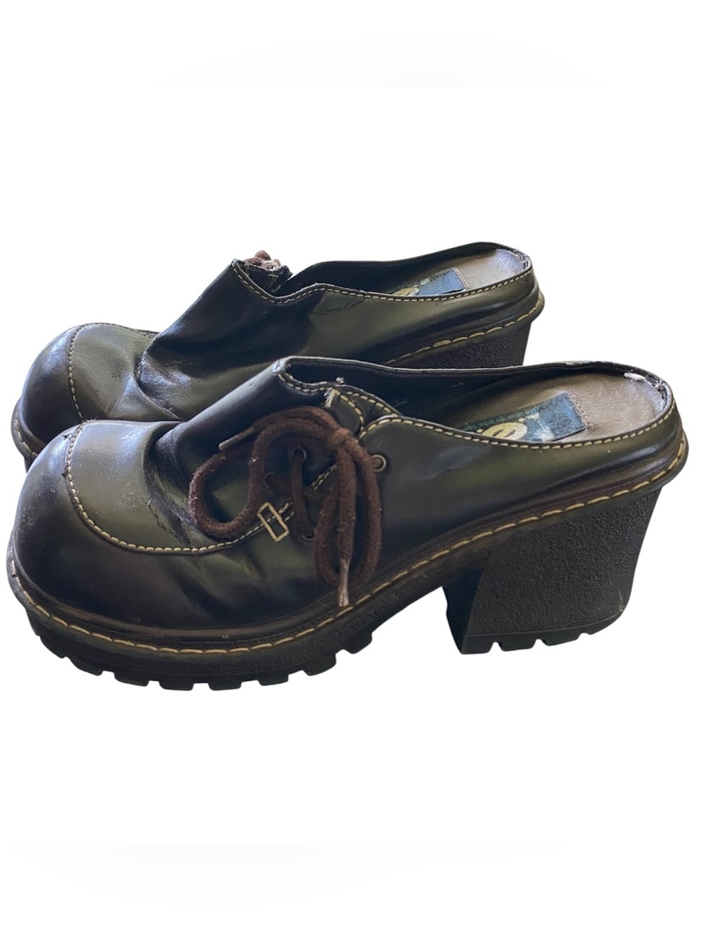 Vintage LEI Y2K Chunky Brown Faux Leather Heel Platform Slip On Mule Shoe Sz 7.5 - Picture 3 of 9